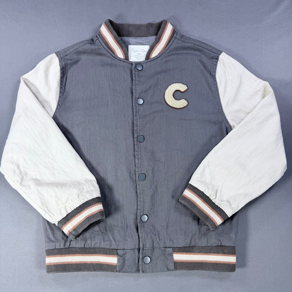 Rylee + Cru Varsity Bomber Jacket Kids 8-9y Gray Chenille Patch Casual Outerwear